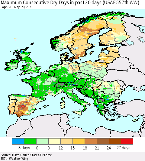 Europe Maximum Consecutive Dry Days in past 30 days (USAF 557th WW) 05/20/2023 Thematic Map For 5/16/2023 - 5/20/2023