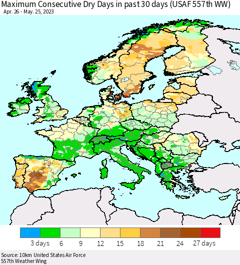 Europe Maximum Consecutive Dry Days in past 30 days (USAF 557th WW) 05/25/2023 Thematic Map For 5/21/2023 - 5/25/2023