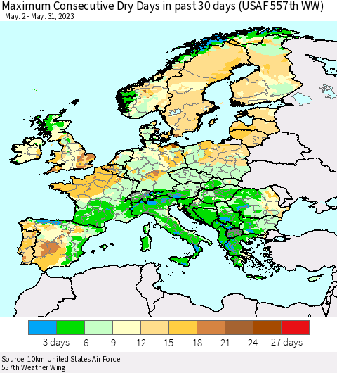 Europe Maximum Consecutive Dry Days in past 30 days (USAF 557th WW) 05/31/2023 Thematic Map For 5/26/2023 - 5/31/2023