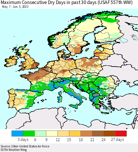 Europe Maximum Consecutive Dry Days in past 30 days (USAF 557th WW) 06/05/2023 Thematic Map For 6/1/2023 - 6/5/2023