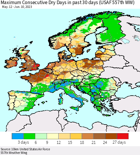 Europe Maximum Consecutive Dry Days in past 30 days (USAF 557th WW) 06/10/2023 Thematic Map For 6/6/2023 - 6/10/2023