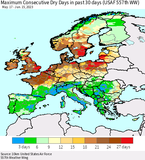 Europe Maximum Consecutive Dry Days in past 30 days (USAF 557th WW) 06/15/2023 Thematic Map For 6/11/2023 - 6/15/2023