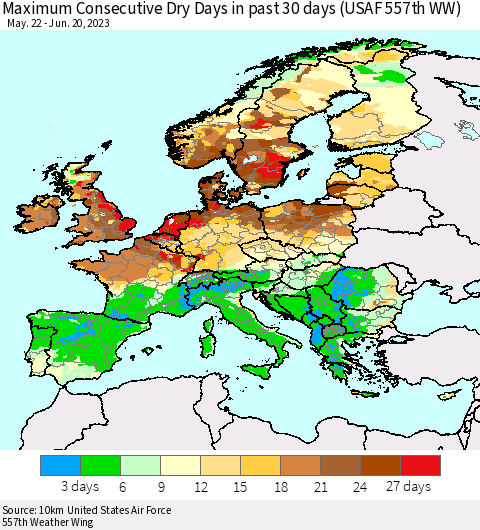 Europe Maximum Consecutive Dry Days in past 30 days (USAF 557th WW) 06/20/2023 Thematic Map For 6/16/2023 - 6/20/2023