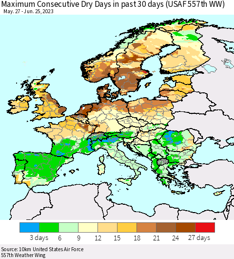 Europe Maximum Consecutive Dry Days in past 30 days (USAF 557th WW) 06/25/2023 Thematic Map For 6/21/2023 - 6/25/2023