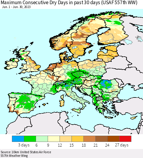 Europe Maximum Consecutive Dry Days in past 30 days (USAF 557th WW) 06/30/2023 Thematic Map For 6/26/2023 - 6/30/2023
