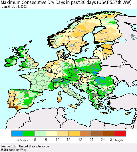 Europe Maximum Consecutive Dry Days in past 30 days (USAF 557th WW) 07/05/2023 Thematic Map For 7/1/2023 - 7/5/2023