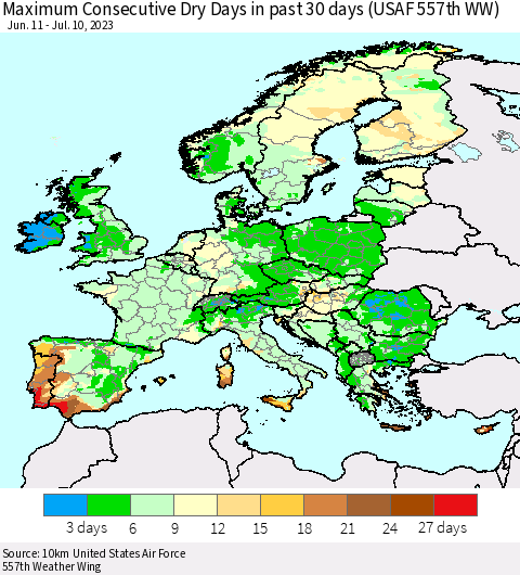 Europe Maximum Consecutive Dry Days in past 30 days (USAF 557th WW) 07/10/2023 Thematic Map For 7/6/2023 - 7/10/2023