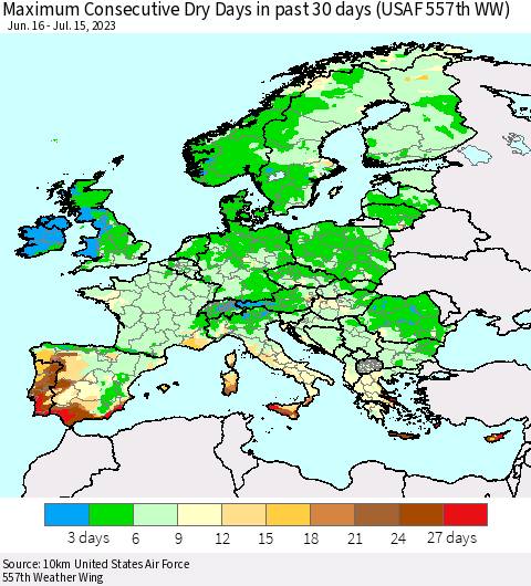 Europe Maximum Consecutive Dry Days in past 30 days (USAF 557th WW) 07/15/2023 Thematic Map For 7/11/2023 - 7/15/2023