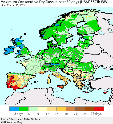 Europe Maximum Consecutive Dry Days in past 30 days (USAF 557th WW) 07/20/2023 Thematic Map For 7/16/2023 - 7/20/2023