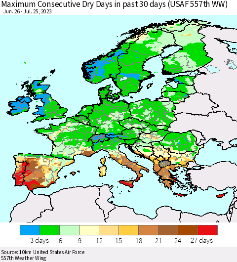 Europe Maximum Consecutive Dry Days in past 30 days (USAF 557th WW) 07/25/2023 Thematic Map For 7/21/2023 - 7/25/2023