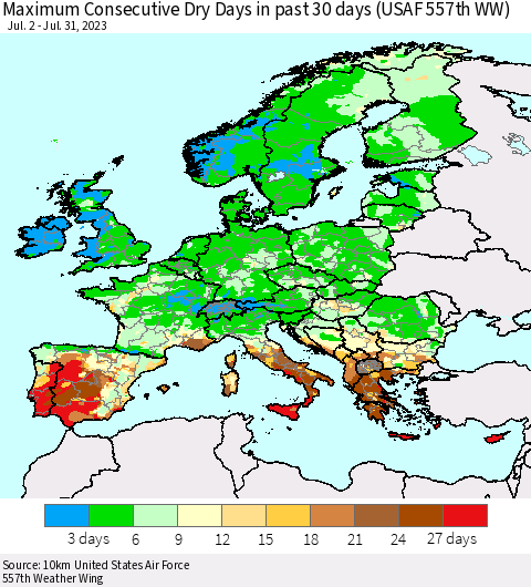 Europe Maximum Consecutive Dry Days in past 30 days (USAF 557th WW) 07/31/2023 Thematic Map For 7/26/2023 - 7/31/2023