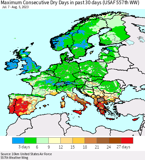 Europe Maximum Consecutive Dry Days in past 30 days (USAF 557th WW) 08/05/2023 Thematic Map For 8/1/2023 - 8/5/2023