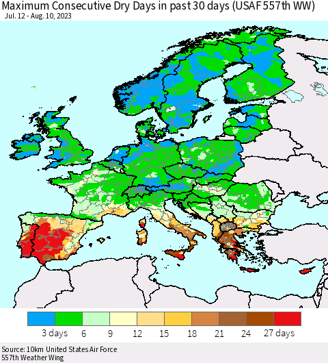 Europe Maximum Consecutive Dry Days in past 30 days (USAF 557th WW) 08/10/2023 Thematic Map For 8/6/2023 - 8/10/2023