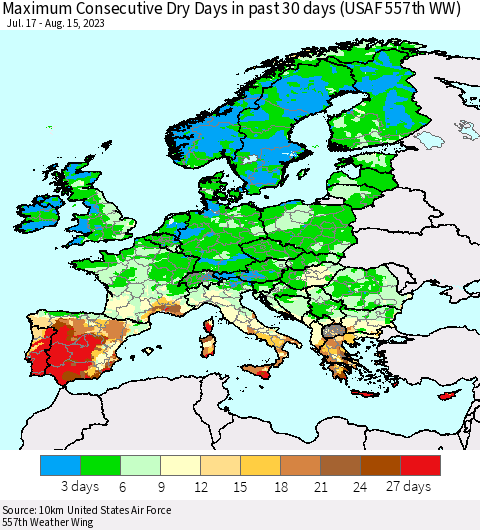 Europe Maximum Consecutive Dry Days in past 30 days (USAF 557th WW) 08/15/2023 Thematic Map For 8/11/2023 - 8/15/2023