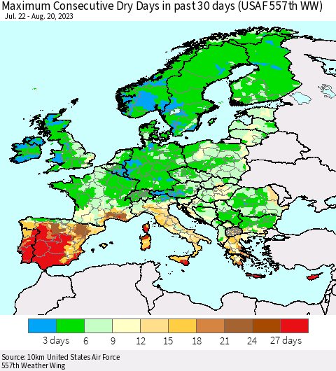 Europe Maximum Consecutive Dry Days in past 30 days (USAF 557th WW) 08/20/2023 Thematic Map For 8/16/2023 - 8/20/2023