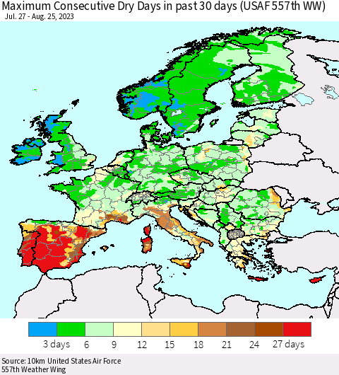 Europe Maximum Consecutive Dry Days in past 30 days (USAF 557th WW) 08/25/2023 Thematic Map For 8/21/2023 - 8/25/2023