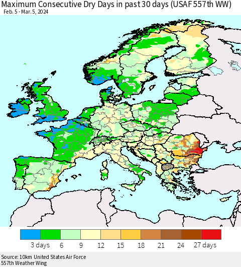 Europe Maximum Consecutive Dry Days in past 30 days (USAF 557th WW) 03/05/2024 Thematic Map For 3/1/2024 - 3/5/2024