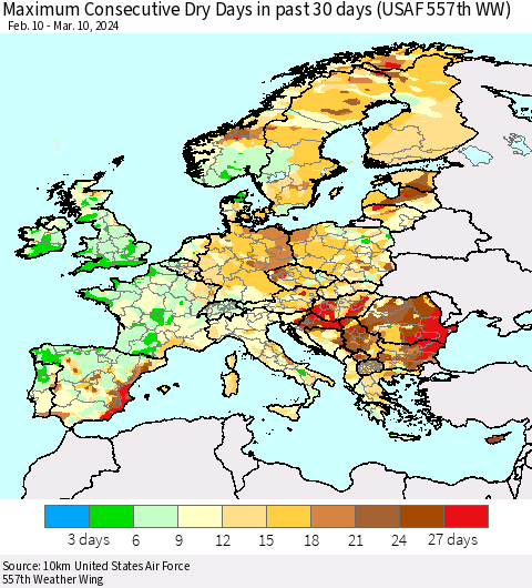 Europe Maximum Consecutive Dry Days in past 30 days (USAF 557th WW) 03/10/2024 Thematic Map For 3/6/2024 - 3/10/2024
