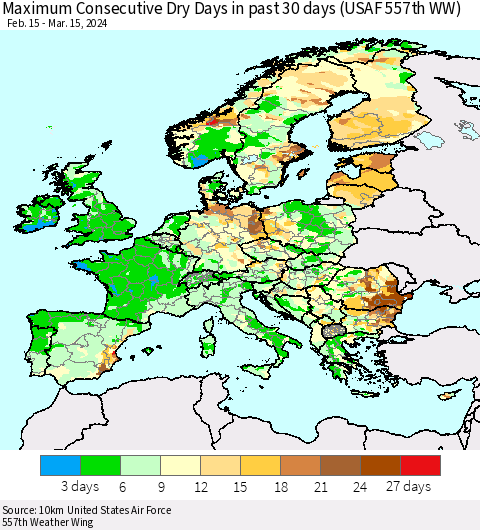 Europe Maximum Consecutive Dry Days in past 30 days (USAF 557th WW) 03/15/2024 Thematic Map For 3/11/2024 - 3/15/2024