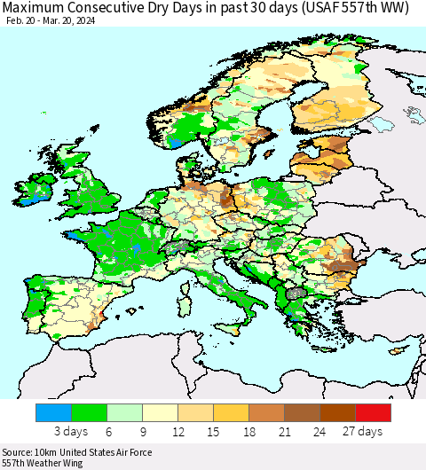 Europe Maximum Consecutive Dry Days in past 30 days (USAF 557th WW) 03/20/2024 Thematic Map For 3/16/2024 - 3/20/2024
