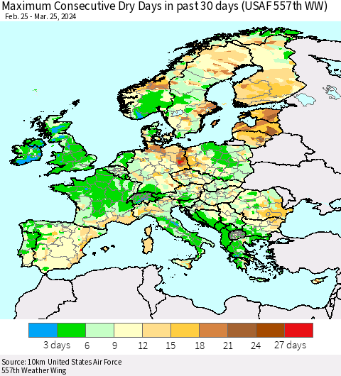 Europe Maximum Consecutive Dry Days in past 30 days (USAF 557th WW) 03/25/2024 Thematic Map For 3/21/2024 - 3/25/2024