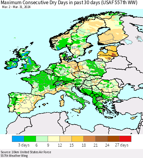 Europe Maximum Consecutive Dry Days in past 30 days (USAF 557th WW) 03/31/2024 Thematic Map For 3/26/2024 - 3/31/2024