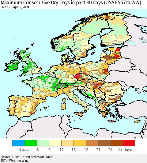 Europe Maximum Consecutive Dry Days in past 30 days (USAF 557th WW) 04/05/2024 Thematic Map For 4/1/2024 - 4/5/2024