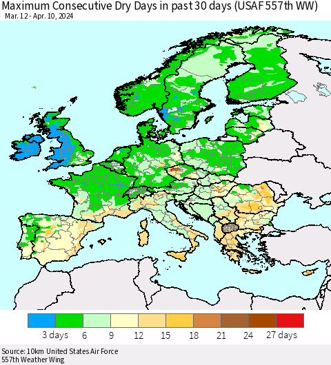 Europe Maximum Consecutive Dry Days in past 30 days (USAF 557th WW) 04/10/2024 Thematic Map For 4/6/2024 - 4/10/2024