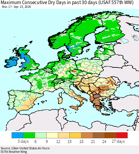 Europe Maximum Consecutive Dry Days in past 30 days (USAF 557th WW) 04/15/2024 Thematic Map For 4/11/2024 - 4/15/2024