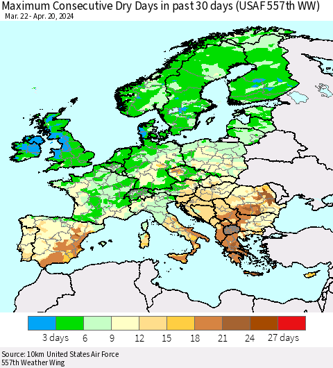 Europe Maximum Consecutive Dry Days in past 30 days (USAF 557th WW) 04/20/2024 Thematic Map For 4/16/2024 - 4/20/2024