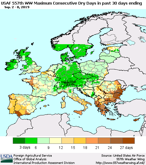 Europe Maximum Consecutive Dry Days in past 30 days (USAF 557th WW) 09/08/2019 Thematic Map For 9/2/2019 - 9/8/2019