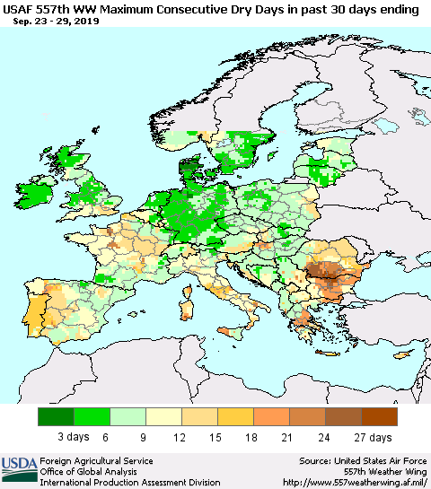 Europe Maximum Consecutive Dry Days in past 30 days (USAF 557th WW) 09/29/2019 Thematic Map For 9/23/2019 - 9/29/2019