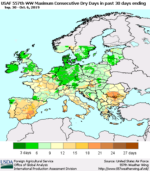 Europe Maximum Consecutive Dry Days in past 30 days (USAF 557th WW) 10/06/2019 Thematic Map For 9/30/2019 - 10/6/2019
