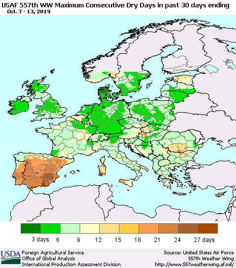 Europe Maximum Consecutive Dry Days in past 30 days (USAF 557th WW) 10/13/2019 Thematic Map For 10/7/2019 - 10/13/2019