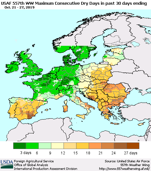 Europe Maximum Consecutive Dry Days in past 30 days (USAF 557th WW) 10/27/2019 Thematic Map For 10/21/2019 - 10/27/2019
