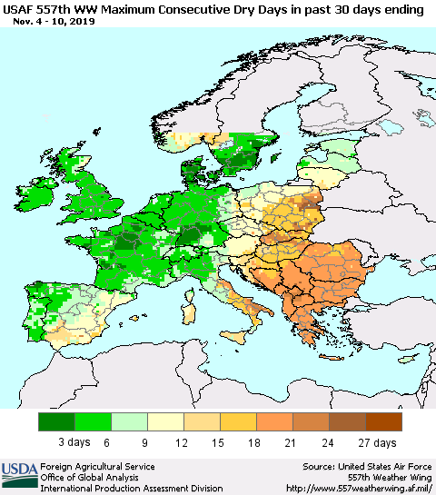Europe Maximum Consecutive Dry Days in past 30 days (USAF 557th WW) 11/10/2019 Thematic Map For 11/4/2019 - 11/10/2019