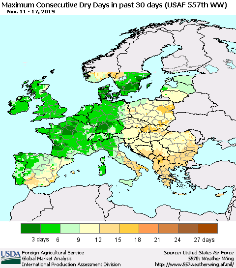 Europe Maximum Consecutive Dry Days in past 30 days (USAF 557th WW) 11/17/2019 Thematic Map For 11/11/2019 - 11/17/2019