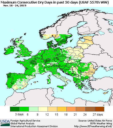 Europe Maximum Consecutive Dry Days in past 30 days (USAF 557th WW) 11/24/2019 Thematic Map For 11/18/2019 - 11/24/2019