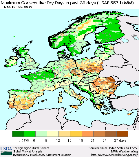 Europe Maximum Consecutive Dry Days in past 30 days (USAF 557th WW) 12/22/2019 Thematic Map For 12/16/2019 - 12/22/2019