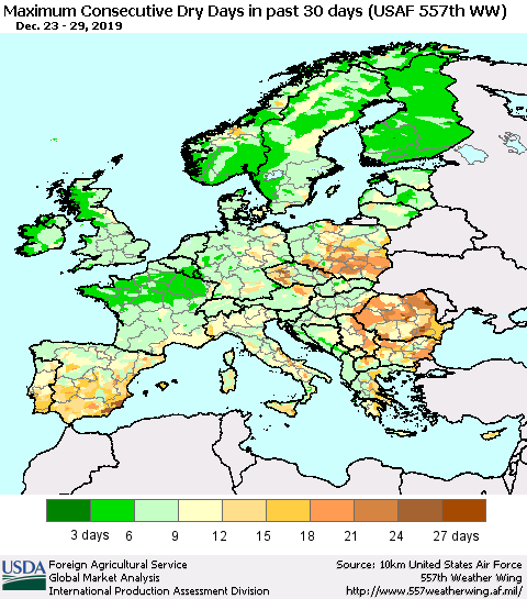 Europe Maximum Consecutive Dry Days in past 30 days (USAF 557th WW) 12/29/2019 Thematic Map For 12/23/2019 - 12/29/2019