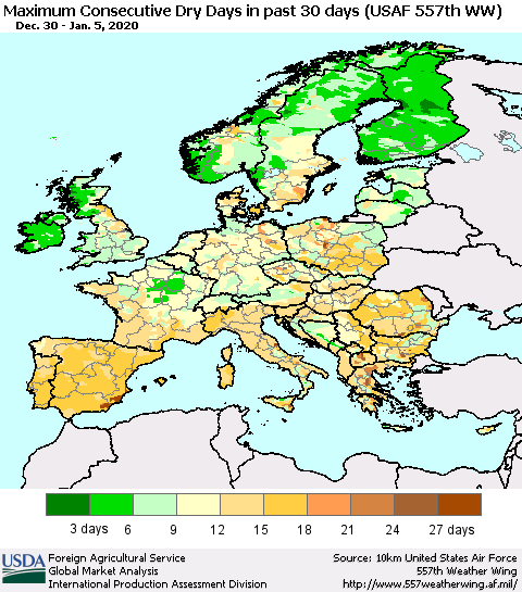 Europe Maximum Consecutive Dry Days in past 30 days (USAF 557th WW) 01/05/2020 Thematic Map For 12/30/2019 - 1/5/2020