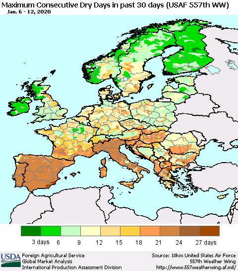 Europe Maximum Consecutive Dry Days in past 30 days (USAF 557th WW) 01/12/2020 Thematic Map For 1/6/2020 - 1/12/2020
