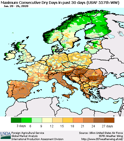 Europe Maximum Consecutive Dry Days in past 30 days (USAF 557th WW) 01/26/2020 Thematic Map For 1/20/2020 - 1/26/2020