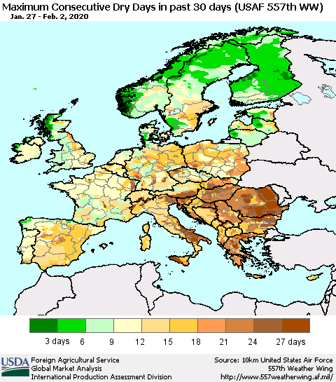 Europe Maximum Consecutive Dry Days in past 30 days (USAF 557th WW) 02/02/2020 Thematic Map For 1/27/2020 - 2/2/2020