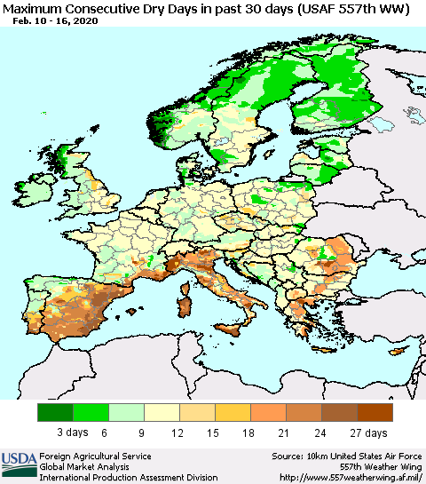 Europe Maximum Consecutive Dry Days in past 30 days (USAF 557th WW) 02/16/2020 Thematic Map For 2/10/2020 - 2/16/2020