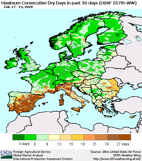 Europe Maximum Consecutive Dry Days in past 30 days (USAF 557th WW) 02/23/2020 Thematic Map For 2/17/2020 - 2/23/2020