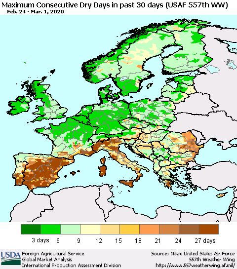 Europe Maximum Consecutive Dry Days in past 30 days (USAF 557th WW) 03/01/2020 Thematic Map For 2/24/2020 - 3/1/2020