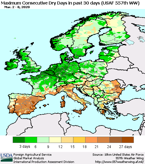 Europe Maximum Consecutive Dry Days in past 30 days (USAF 557th WW) 03/08/2020 Thematic Map For 3/2/2020 - 3/8/2020