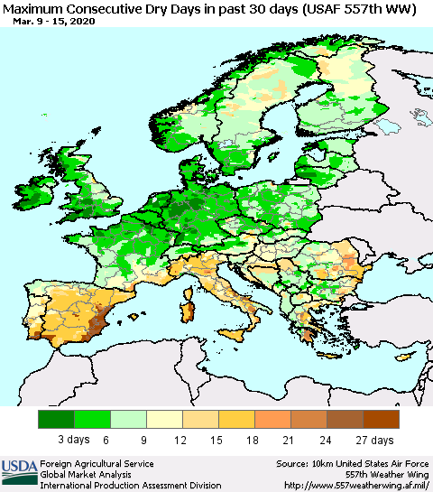 Europe Maximum Consecutive Dry Days in past 30 days (USAF 557th WW) 03/15/2020 Thematic Map For 3/9/2020 - 3/15/2020