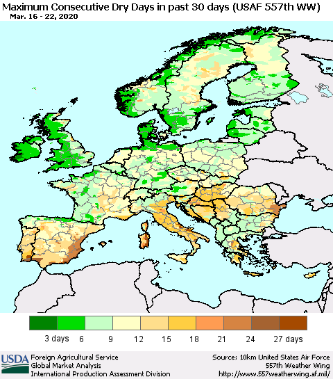 Europe Maximum Consecutive Dry Days in past 30 days (USAF 557th WW) 03/22/2020 Thematic Map For 3/16/2020 - 3/22/2020